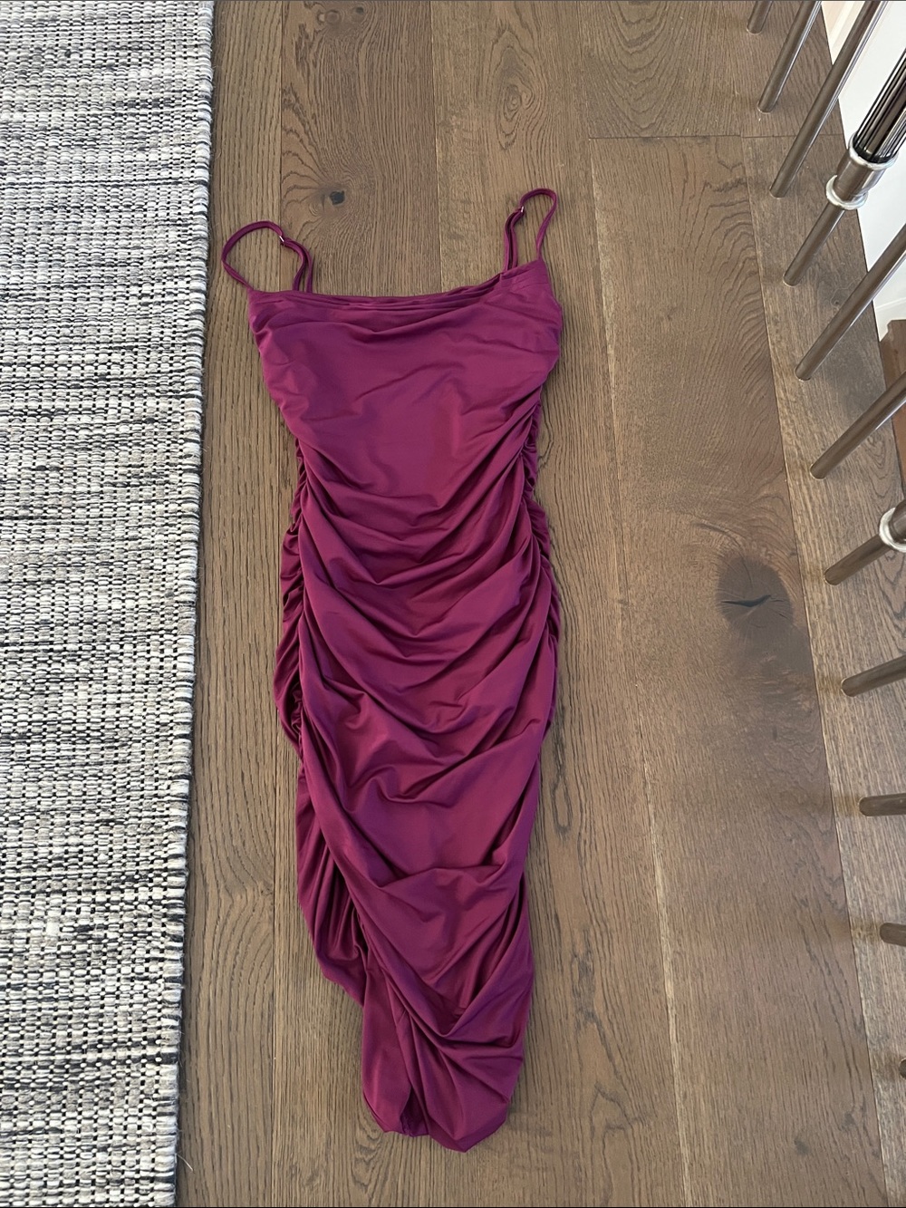 SHEIN Ruched Spaghetti Strap midi Dress in Berry
